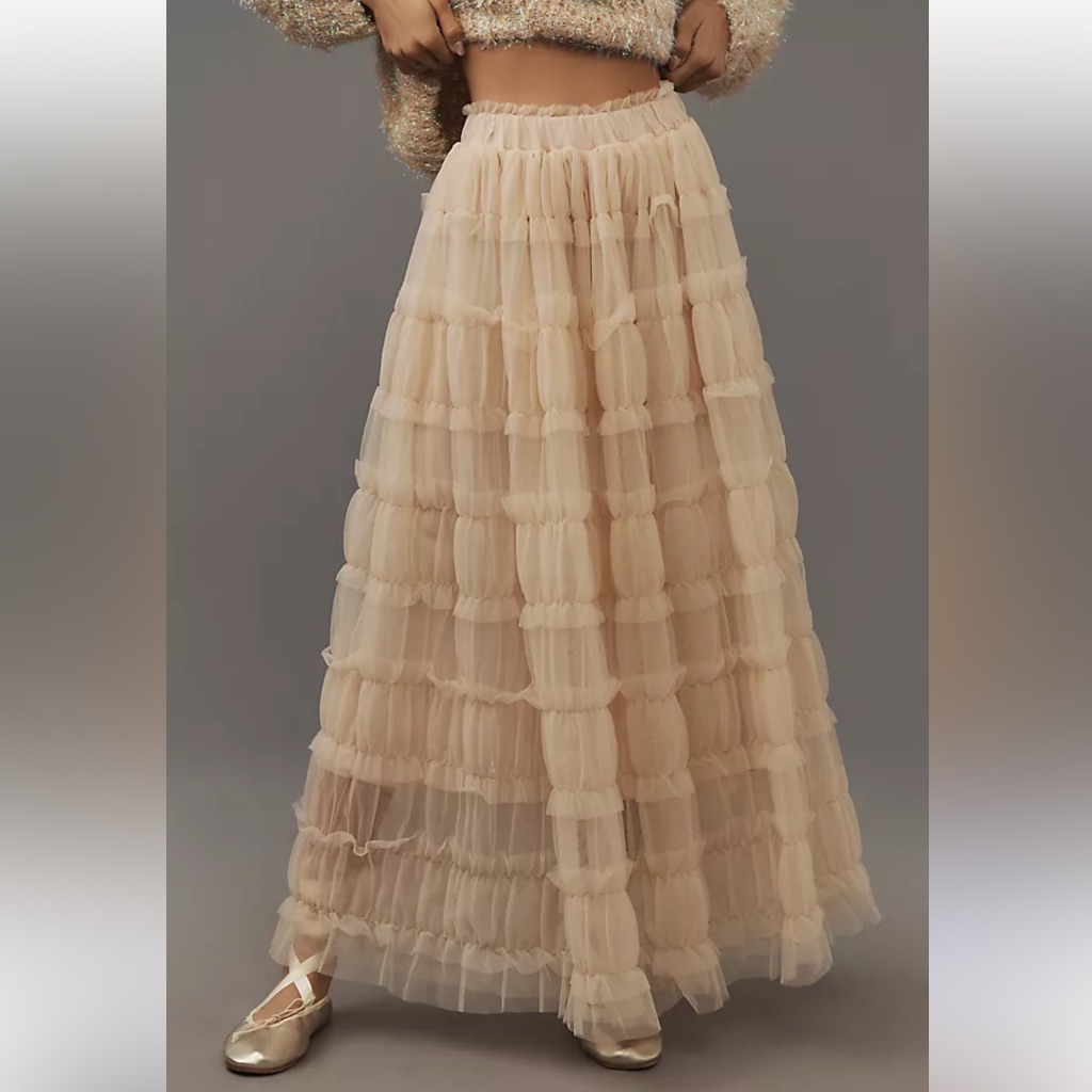 Anthropologie Beige Layered Tulle Maxi Skirt